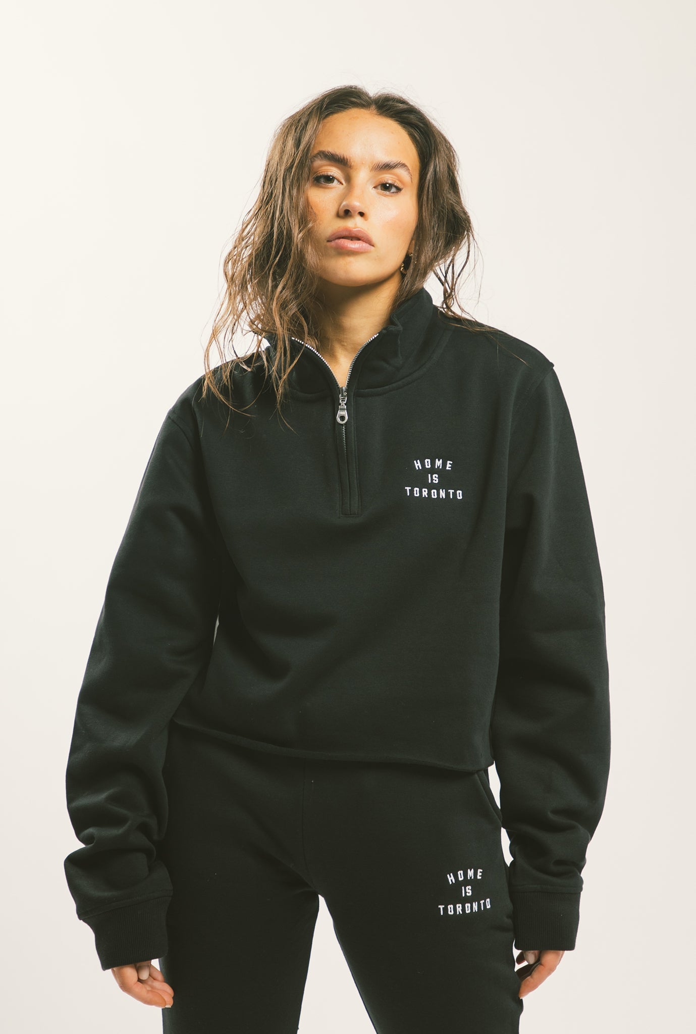 Home is Toronto Crescent Cropped 1/4 Zip - Black